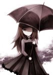  1girl deemo expressionless girl_(deemo) long_sleeves looking_at_viewer rain shirt shokujin_hatefukuchuu skirt solo umbrella 