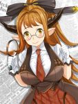  1girl blush bow breasts brown_eyes brown_hair clenched_hand granblue_fantasy hair_bow horns ky_kosuke large_breasts long_hair looking_at_viewer magnifying_glass necktie newspaper pointy_ears ponytail saaya_(granblue_fantasy) smile solo 