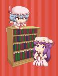  2girls bat_wings blue_hair blue_ribbon book bookshelf bow brooch chibi crescent crescent_moon hair_ribbon hat hat_bow jewelry long_hair mob_cap moon multiple_girls pajamas patchouli_knowledge pillow_hat purple_hair red_bow red_eyes red_ribbon remilia_scarlet ribbon short_hair smile touhou violet_eyes wings wrist_cuffs 