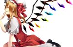  1girl arm_support ascot asymmetrical_wings blonde_hair dress flandre_scarlet from_side hair_between_eyes hand_to_own_mouth highres kneeling looking_at_viewer mary_janes mede mob_cap puffy_short_sleeves puffy_sleeves red_dress red_eyes shoes short_hair short_sleeves simple_background smirk solo touhou white_background wings 