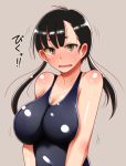  black_hair breasts brown_background brown_eyes large_breasts long_hair looking_at_viewer low_twintails odoriyama_gorou original school_swimsuit simple_background sweat swimsuit translation_request twintails 