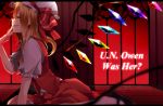  1girl arm_support ascot asymmetrical_wings blonde_hair dress flandre_scarlet from_side hair_between_eyes hand_to_own_mouth highres indoors kneeling looking_at_viewer mary_janes mede mob_cap puffy_short_sleeves puffy_sleeves red_dress red_eyes shoes short_hair short_sleeves simple_background smirk solo song_name text tile_floor tiles touhou white_background window wings 