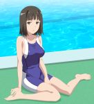  1girl black_hair breasts brown_eyes highres large_breasts pool short_hair sitting smile_(rz) swimsuit takitsubo_rikou to_aru_kagaku_no_railgun to_aru_majutsu_no_index wariza water 