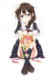  1girl ahoge black_hair blue_eyes bouquet braid bridal_veil flower gloves hair_flaps hair_ornament kantai_collection long_hair naoto_(tulip) remodel_(kantai_collection) school_uniform serafuku shigure_(kantai_collection) single_braid skirt smile veil 