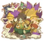  banner blonde_hair brown_hair character_request green_sclera grin hair_over_one_eye high_ponytail kyuubi kyuubi_(youkai_watch) long_hair multiple_tails oogama_(youkai_watch) polearm red_eyes sandals sitting smile spear tail ticktack_chicken weapon white_background yellow_eyes yellow_sclera youkai youkai_watch 