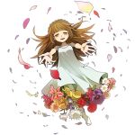  1girl brown_hair deemo dress falling flower girl_(deemo) heri_(azame) long_hair reaching smile solo very_long_hair 