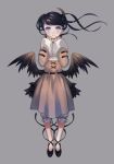  1girl belt black_hair bloomers blue_eyes demon_wings dress grey_background hands_on_own_face lazuri7 light_frown looking_at_viewer original shoe_ribbon short_hair simple_background sleeves_past_wrists solo twintails underwear wings 