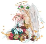  2girls :d angel angel_wings archangel_(p&amp;d) blonde_hair blue_eyes blush braid capelet dress feathered_wings flower hair_ornament hairclip halo hand_on_another&#039;s_head hands_together head_wreath leaf long_hair maromi_(am97) multiple_girls open_mouth pantyhose pink_hair puzzle_&amp;_dragons red_rose rose single_braid sitting smile striped striped_legwear tinnin toeless_legwear twintails white_rose white_wings wings yellow_eyes 
