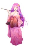  1girl alternate_costume blush breasts cleavage collarbone crescent_hair_ornament hair_ornament hair_ribbon highres japanese_clothes kimono long_hair looking_at_viewer nekomiyanono obi open_mouth patchouli_knowledge pipe purple_hair ribbon sash simple_background solo teeth touhou violet_eyes white_background 