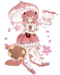  1girl absurdres artist_name bag cherry_blossom_cookie cherry_blossoms closed_eyes cookie_run cup hair_ornament handbag highres kneehighs long_hair mary_janes parasol petals pink_hair pink_skirt ryona_(alicecuti) shoes skirt smile solo tea teacup two_side_up umbrella white_legwear 