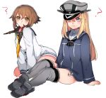  2girls ? bismarck_(kantai_collection) blonde_hair blue_eyes brown_hair green_eyes hat kantai_collection katagiri_hachigou long_hair multiple_girls mutsu_(kantai_collection) short_hair simple_background sitting thigh-highs white_background yukikaze_(kantai_collection) yukikaze_(kantai_collection)_(cosplay) z1_leberecht_maass_(kantai_collection)_(cosplay) z3_max_schultz_(kantai_collection)_(cosplay) 