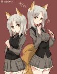  2girls :o animal_ears blush brown_eyes dated dual_persona edytha_rossmann fox_ears fox_tail heart holding kitsune kodamari long_hair long_sleeves military military_uniform multiple_girls multiple_tails older open_mouth pointer red_background silver_hair smile strike_witches tail uniform 
