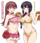  2girls bangs bikini black_hair blunt_bangs blush braid brown_eyes brown_hair cheerleader frilled_bikini frills hands_on_hips hime_cut kantai_collection kitakami_(kantai_collection) long_hair looking_at_viewer multiple_girls o-ring_top ooi_(kantai_collection) open_mouth payot pink_bikini pom_poms sama_samasa single_braid swimsuit translation_request yellow_bikini 