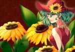  1girl alternate_costume alternate_eye_color dress earrings flower green_hair hat hat_flower jewelry kazami_yuuka leaf looking_at_viewer looking_back necklace parted_lips red_background short_hair sleeveless sleeveless_dress smile solo sunflower touhou yayoi_(su_misheng) yellow_eyes 