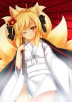  1girl ;3 animal_ears blonde_hair flower fox_ears fox_tail hair_flower hair_ornament hair_ribbon highres inari_(sennen_sensou_aigis) japanese_clothes kimono multiple_tails obi oriental_umbrella playjoe2005 rain red_eyes ribbon sash sennen_sensou_aigis short_kimono tail umbrella 