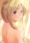  1girl animal_ears back backlighting bare_back blonde_hair blue_eyes blush curtains highres looking_at_viewer looking_back nude parted_lips pointy_ears sakura_ani solo 