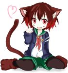  1girl absurdres animal_ears black_legwear brown_hair cat_ears cat_tail crescent crescent_moon fang green_skirt highres hitonounti kantai_collection kemonomimi_mode long_sleeves moon mutsuki_(kantai_collection) open_mouth pleated_skirt remodel_(kantai_collection) short_hair simple_background skirt solo tail white_background 