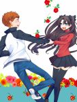  1boy 1girl arm_grab black_hair blue_eyes emiya_shirou fate/stay_night fate_(series) flower hair_ribbon happy jacket kino_hazuki long_hair long_sleeves open_mouth redhead ribbon smile sweatdrop thigh-highs tohsaka_rin toosaka_rin two_side_up very_long_hair yellow_eyes zettai_ryouiki 