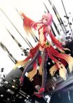  bare_shoulders black_legwear breasts center_opening cleavage detached_sleeves elbow_gloves fingerless_gloves gloves guilty_crown hair_ornament hairclip highres infukun long_hair navel open_mouth outstretched_arm pink_hair red_eyes thigh-highs twintails yuzuriha_inori 