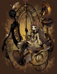  1girl amputee brown_hair deemo deemo_(character) doll_joints dress expressionless full_body girl_(deemo) hourglass looking_away maritsu_(malchidael) prosthesis sitting watch watch 