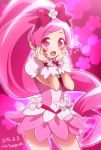  0417nao 1girl 2015 :o blush bow cure_blossom dated flower hair_bow hanasaki_tsubomi hands_on_own_face heartcatch_precure! long_hair magical_girl pink pink_background pink_bow pink_eyes pink_hair pink_skirt ponytail precure signature skirt solo surprised twitter_username wrist_cuffs 