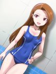  1girl brown_hair covered_navel cowboy_shot flat_chest hairband hand_on_hip idolmaster long_hair minase_iori muhi11234 open_mouth red_eyes school_swimsuit solo swimsuit 