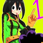  1girl :&gt; asui_tsuyu black_eyes bodysuit boku_no_hero_academia brown_gloves eyelashes frog_girl gloves long_hair long_tongue low-tied_long_hair minoru_mineta outline pointing solo_focus tongue tongue_out yagi_naushi 