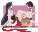  2girls black_hair brown_hair detached_sleeves from_side fusou_(kantai_collection) hair_ornament hyuuga_(kantai_collection) kantai_collection kotaro-nosuke long_hair multiple_girls nontraditional_miko red_eyes short_hair simple_background sword weapon 