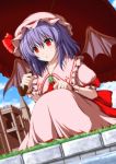  1girl :o bat_wings blue_hair building dress dutch_angle grass hat highres holding long_dress nori_tamago red_eyes remilia_scarlet short_sleeves sitting solo touhou umbrella water wings wrist_cuffs 