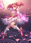  1girl arrow bow_(weapon) drawing_bow dress gloves index_finger_raised kaname_madoka kneehighs loewy magic_circle mahou_shoujo_madoka_magica petals pink_eyes pink_hair solo twintails weapon white_gloves white_legwear 