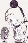  2girls character_request deemo deemo_(character) frills girl_(deemo) height_difference holding lestored_cro long_hair looking_at_another monochrome multiple_girls o_o stuffed_animal stuffed_toy white_hair 