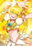  0417nao 1girl 2015 arms_up blonde_hair bow brooch crop_top cure_sunshine dated hair_bow heartcatch_precure! jewelry long_hair magical_girl midriff myoudouin_itsuki navel orange_bow precure signature skirt smile solo twintails twitter_username yellow_bow yellow_eyes 