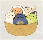  animalization ayu_(mog) basket bird chin_strap hat hood ima-no-tsurugi ishikirimaru iwatooshi kogitsunemaru lowres mikazuki_munechika no_humans tokin_hat touken_ranbu translation_request 