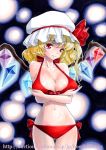  1girl alternate_breast_size bikini blonde_hair breast_lift breasts cowboy_shot crystal f-b-e flandre_scarlet front-tie_top halterneck hat hat_ribbon huge_breasts marker_(medium) mob_cap narrow_waist red_bikini red_eyes ribbon short_hair side-tie_bikini side_ponytail slit_pupils solo swimsuit touhou traditional_media watermark wings 