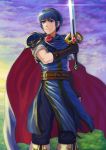  1boy belt blue_eyes blue_hair brown_gloves clouds cloudy_sky cowboy_shot fire_emblem fire_emblem:_mystery_of_the_emblem gloves goma_(goma-folio) holding_sword holding_weapon marth pants serious shiny shiny_hair shirt sky solo sword tiara weapon 