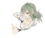  1girl bandages blush bra breasts cleavage collarbone eto_(tokyo_ghoul) green_bra green_eyes hand_on_own_head heterochromia ishida_sui light_smile lips long_hair red_eyes simple_background solo tokyo_ghoul underwear white_background 