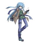  1girl alternate_costume blue_eyes blue_hair blue_scarf breasts duel_monster eria gloves highres kurenaitaro long_hair looking_at_viewer scarf simple_background smile snow solo white_background yuu-gi-ou yuu-gi-ou_duel_monsters 