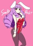  1girl animal_ears bare_shoulders black_legwear blush breasts bunnysuit chan_co chuchu_(show_by_rock!!) cleavage curly_hair detached_collar drill_hair heart long_hair looking_at_viewer pantyhose purple_background purple_hair rabbit_ears red_eyes show_by_rock!! simple_background solo wrist_cuffs 