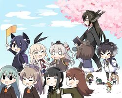  &gt;_&lt; 6+girls :3 ahoge amatsukaze_(kantai_collection) anchor animal_on_head backpack bag bespectacled binoculars bird bird_on_head black_hair blonde_hair blush_stickers brown_hair elbow_gloves error_musume flag girl_holding_a_cat_(kantai_collection) glasses gloves green_hair hair_ornament hair_ribbon hair_tubes hairband hairclip hands_on_hips hat headgear high_heels hiyoko_(kantai_collection) holding_hands kantai_collection kitakami_(kantai_collection) kumano_(kantai_collection) kurono_nekomaru majokko_(kantai_collection) midori_(kantai_collection) minigirl multiple_girls nagato_(kantai_collection) nose_bubble ooi_(kantai_collection) ponytail purple_hair randoseru rashinban_musume ribbon shimakaze_(kantai_collection) silver_hair sleeping striped striped_legwear suzuya_(kantai_collection) sweatdrop tenryuu_(kantai_collection) thigh-highs tokitsukaze_(kantai_collection) triangle_mouth twintails wavy_mouth witch_hat younger yukikaze_(kantai_collection) 