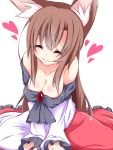  1girl animal_ears asn_s bare_shoulders blush breasts brooch brown_hair cleavage closed_eyes collarbone facing_viewer heart highres imaizumi_kagerou jewelry long_hair long_sleeves simple_background smile solo touhou upper_body v_arms white_background wolf_ears 