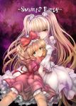  2girls blonde_hair bow curly_hair doll_joints dress eyepatch flower frills green_eyes hair_bow hair_flower hair_ornament hina_ichigo kirakishou long_hair looking_back multiple_girls pink_bow pink_skirt purple_background red_bow rose rozen_maiden short_hair skirt smile tousen two_side_up white_dress white_rose yellow_eyes 