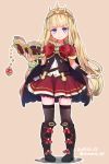  1girl bangs blonde_hair blunt_bangs book boots brown cagliostro_(granblue_fantasy) cape crown dated full_body granblue_fantasy gymno looking_at_viewer ribbon skirt smile solo standing thigh-highs twitter_username violet_eyes 