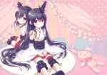  2girls back-to-back black_hair detached_sleeves fusou_(kantai_collection) hair_ornament japanese_clothes kantai_collection long_hair multiple_girls nishimura_eri nontraditional_miko red_eyes short_hair siblings stuffed_animal stuffed_toy yamashiro_(kantai_collection) younger 