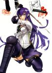  1girl absurdres blood blood_on_face bloody_clothes blue_eyes busujima_saeko garter_straps gauntlets highres highschool_of_the_dead katana kneeling looking_at_viewer miniskirt open_mouth purple_hair satou_shouji school_uniform serafuku shin_guards skirt solo sword thigh-highs weapon 