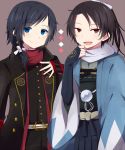  2boys black_hair blue_eyes bridal_gauntlets brown_hair cosplay costume_switch haori japanese_clothes kashuu_kiyomitsu male_focus mole mole_under_eye mole_under_mouth multiple_boys nail_polish open_mouth ponytail red_eyes scarf shinsengumi smile touken_ranbu uguisu_mochi_(ykss35) yamato-no-kami_yasusada 