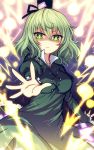  1girl blush dress gradient gradient_background green_dress green_eyes green_hair hat lightning long_sleeves looking_at_viewer miruki outstretched_arms parted_lips short_hair soga_no_tojiko solo tate_eboshi touhou 