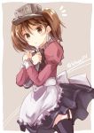  1girl alternate_costume apron black_legwear brown_eyes brown_hair dutch_angle enmaided frilled_apron iroha_(shiki) kantai_collection long_sleeves looking_at_viewer maid pleated_skirt puffy_long_sleeves puffy_sleeves ryuujou_(kantai_collection) skirt solo thigh-highs twintails twitter_username visor_cap 