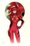  1girl art_nouveau blue_eyes bodysuit breasts brown_hair cowboy_shot cropped_legs eva_02 evangelion:_2.0_you_can_(not)_advance hairpods hand_on_hip highres jasmin_darnell long_hair neon_genesis_evangelion plugsuit rebuild_of_evangelion shikinami_asuka_langley solo souryuu_asuka_langley white_background 