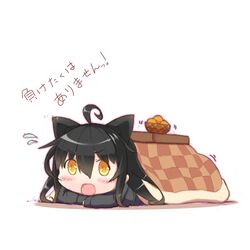  ahoge animal_ears black_hair cat_ears chibi flying_sweatdrops hair_between_eyes kantai_collection kemonomimi_mode kotatsu long_hair long_sleeves mikazuki_(kantai_collection) open_mouth simple_background table under_kotatsu under_table white_background yellow_eyes 