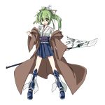  1girl alternate_costume bare_shoulders detached_sleeves duel_monster green_eyes green_hair hair_ornament hair_ribbon highres kurenaitaro looking_at_viewer obi open_mouth ponytail ribbon sash simple_background skirt solo weapon white_background wynn yuu-gi-ou yuu-gi-ou_duel_monsters 